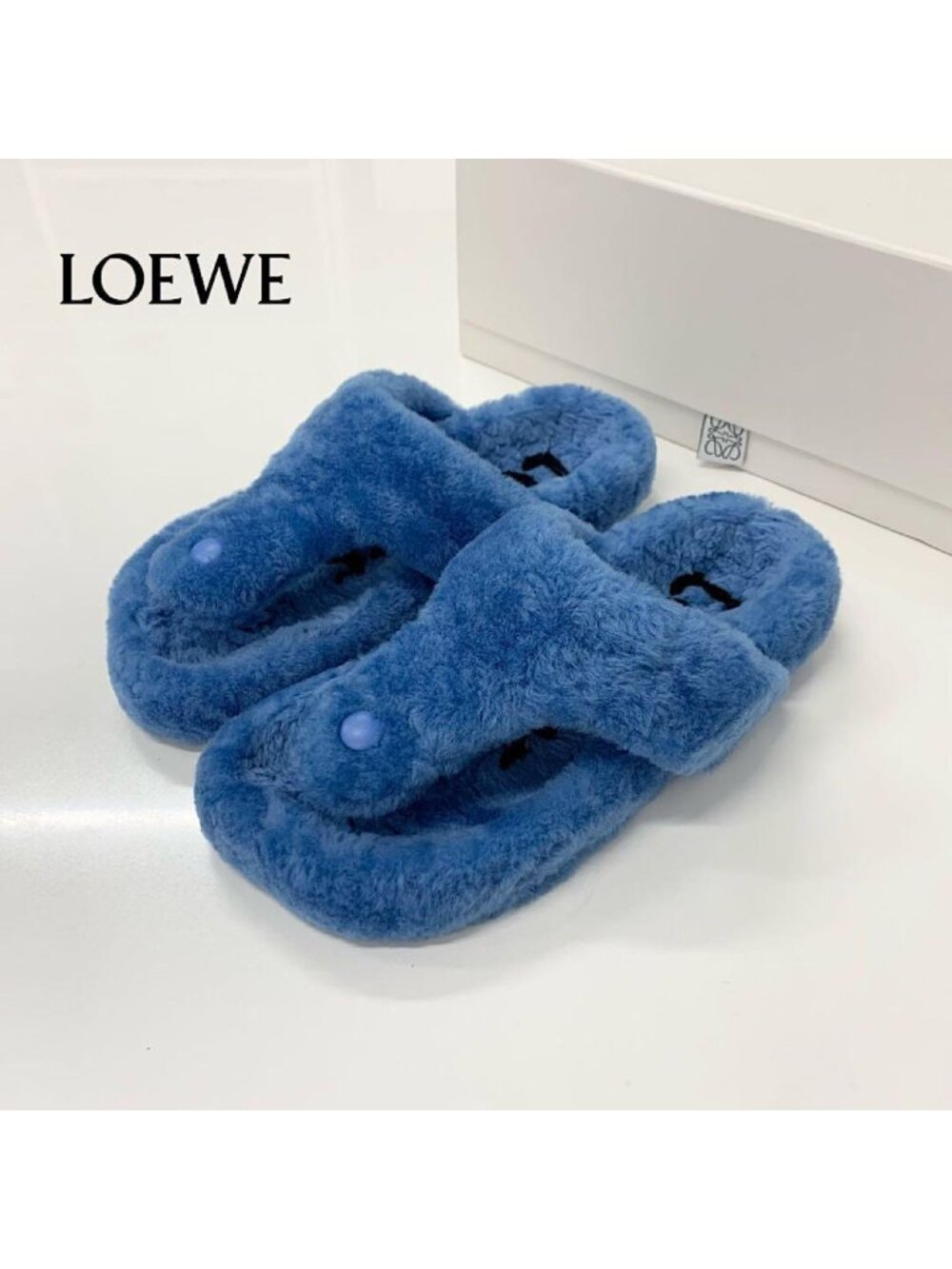 Loewe Shearling Thong Flat Sandals Blue